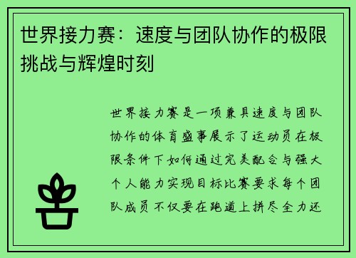 世界接力赛：速度与团队协作的极限挑战与辉煌时刻