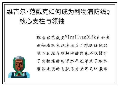 维吉尔·范戴克如何成为利物浦防线的核心支柱与领袖
