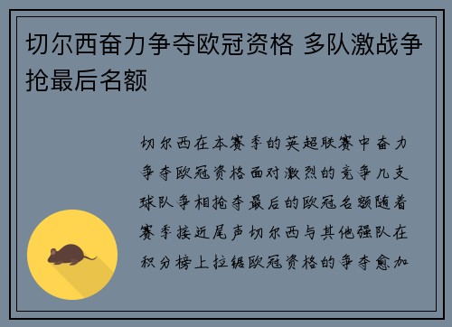 切尔西奋力争夺欧冠资格 多队激战争抢最后名额