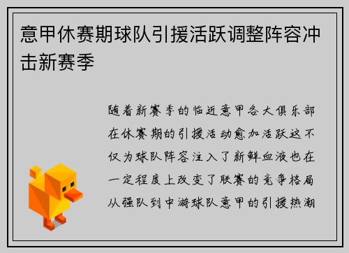 意甲休赛期球队引援活跃调整阵容冲击新赛季