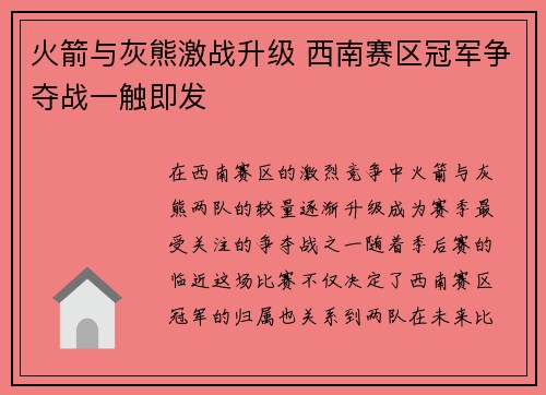 火箭与灰熊激战升级 西南赛区冠军争夺战一触即发